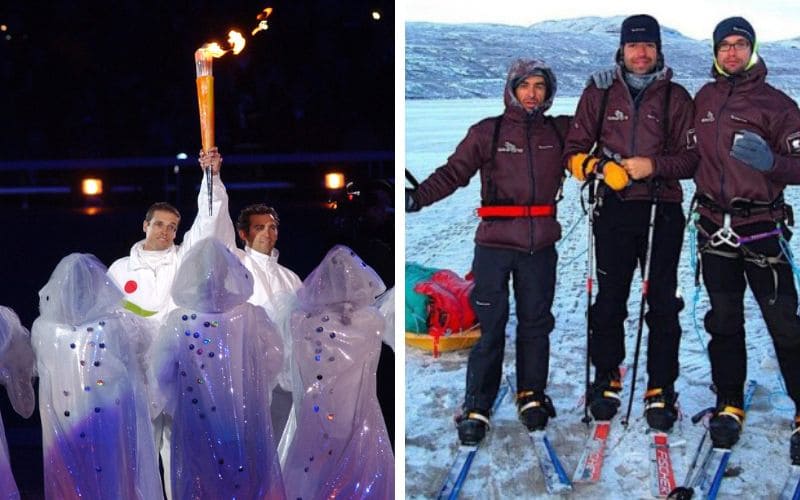 Eric Villalón en unos Juegos con la antorcha; y en el Polo Sur con Xavier Valbuena y Jesús Noriega